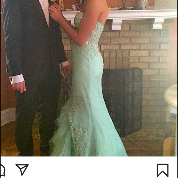 Mint Lace Strapless Prom Dress - Picture 3 of 5